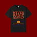 Never Panic Just Pray T‑Shirt — Retro Sunset Faith Tee