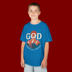 Kids Tee – 'GOD' Mountain Sunrise Faith Graphic