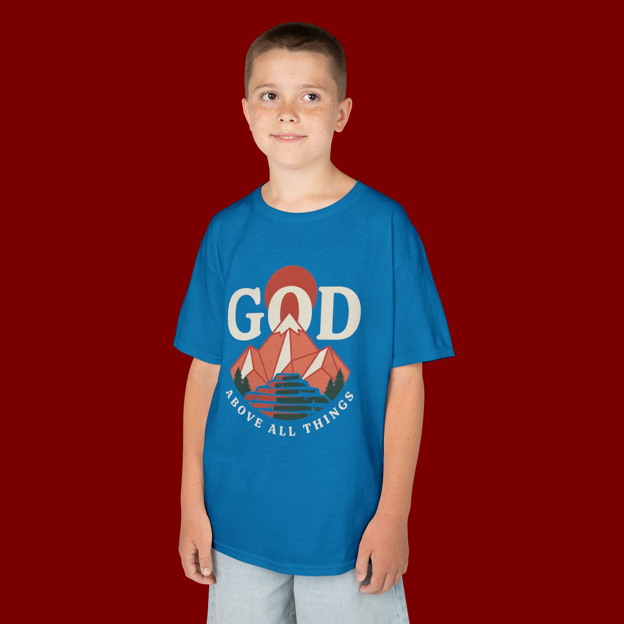 Kids Tee – 'GOD' Mountain Sunrise Faith Graphic