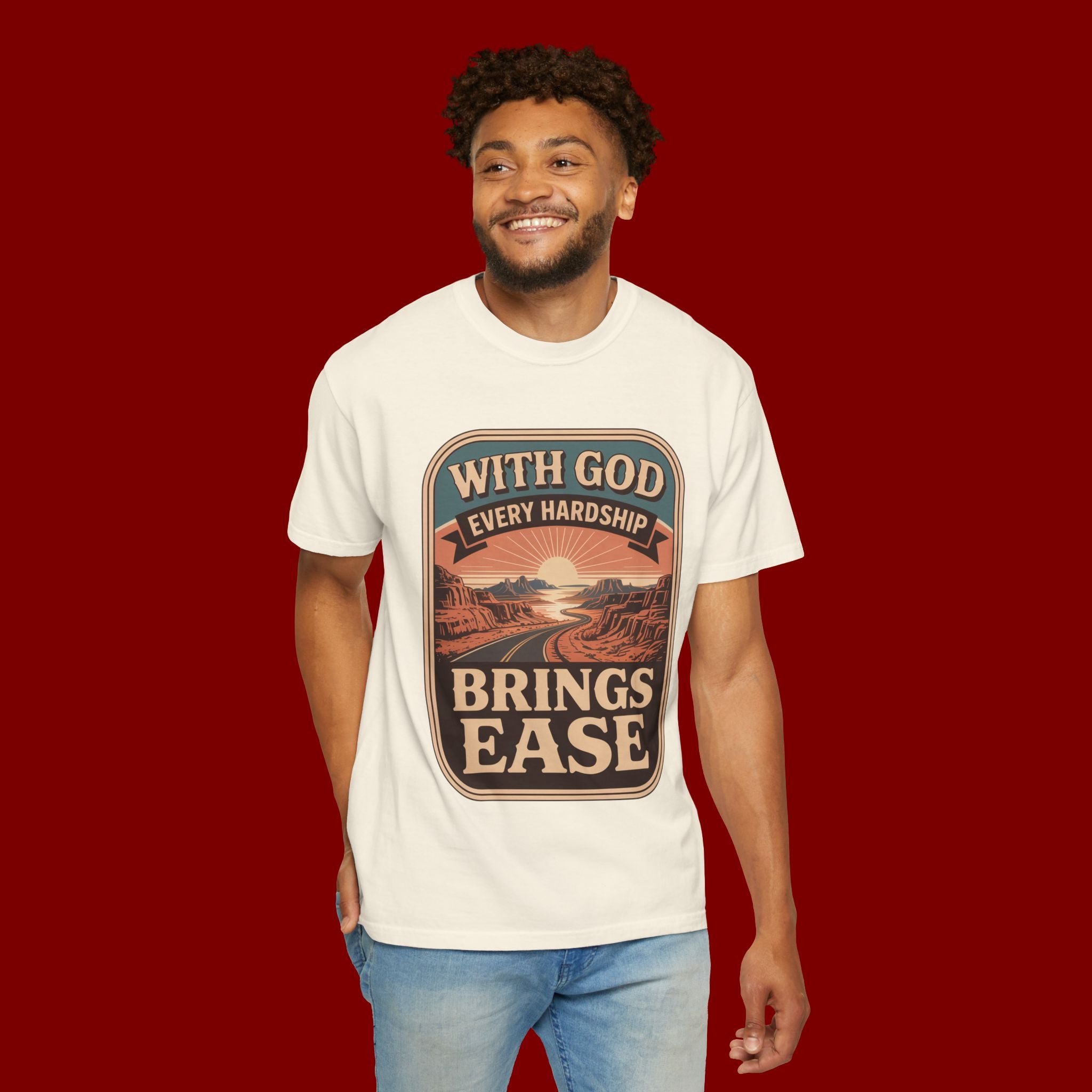 Scripture Comfort T-Shirt — "With God Every Hardship Brings Ease" Christian Faith Tee