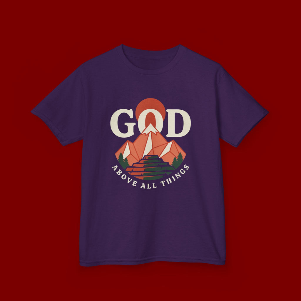 Kids Tee – 'GOD' Mountain Sunrise Faith Graphic