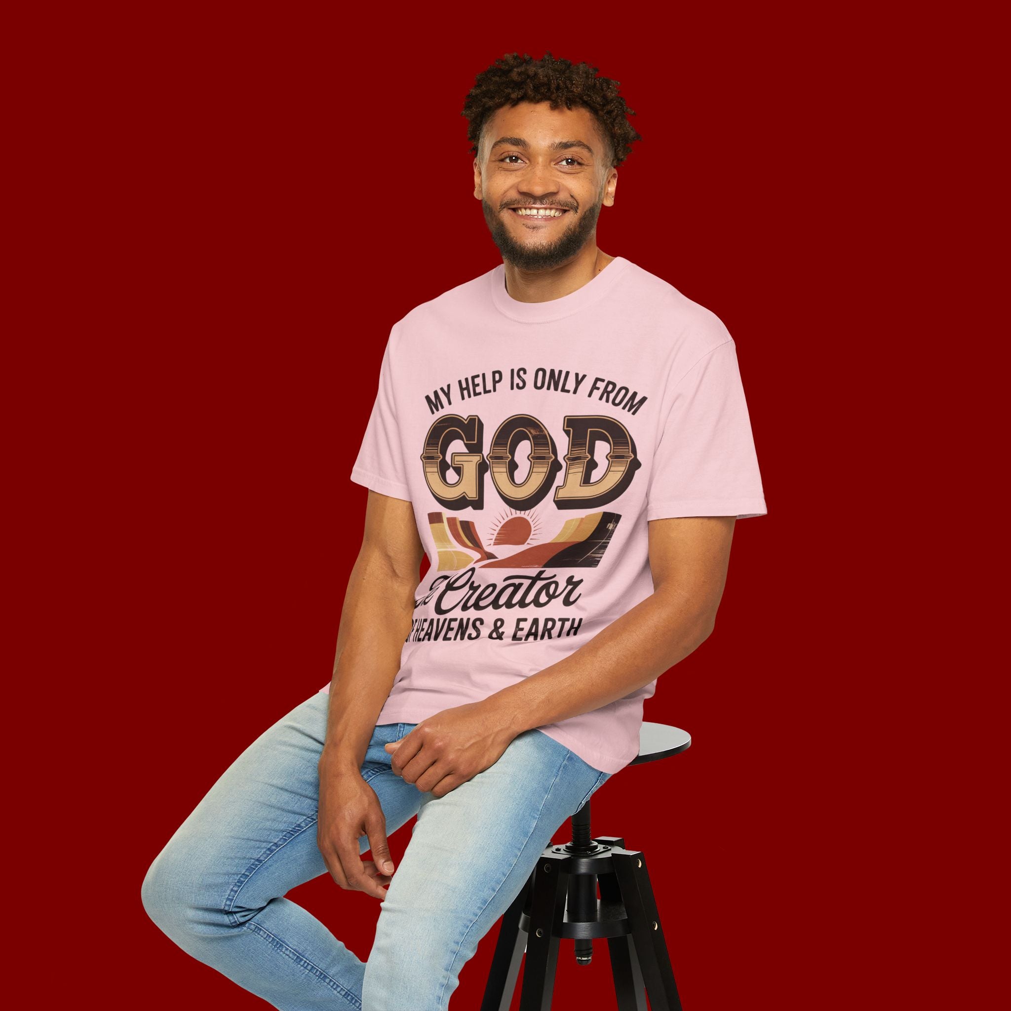 Christian T-Shirt — “My Help Is Only From God, The Creator of Heavens & Earth” Retro Faith Tee