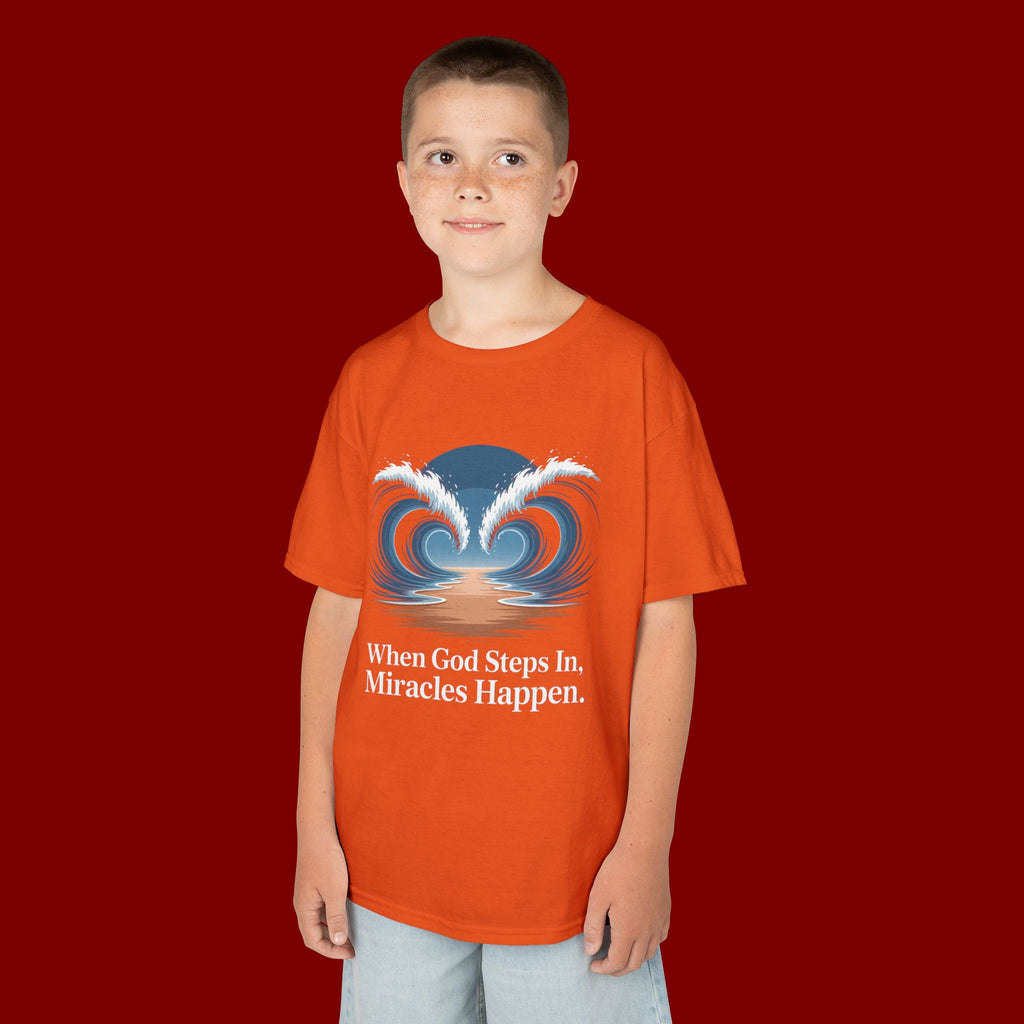 Kids Tee — “When God Steps In, Miracles Happen” Wave Heart Faith Shirt
