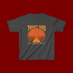 Kids Tee — "Trust God No Matter What" Sunset Camping Graphic