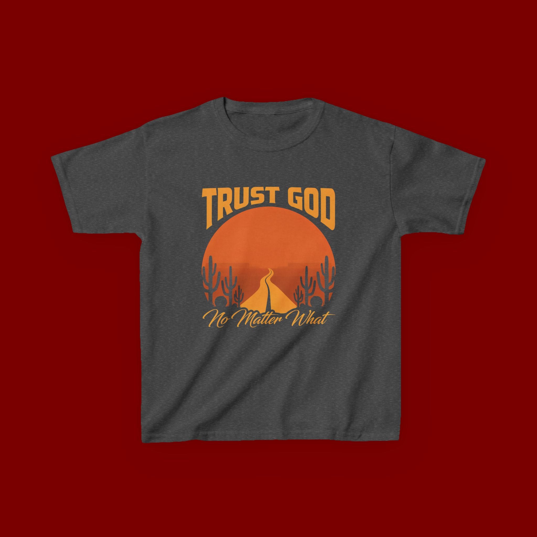 Kids Tee — "Trust God No Matter What" Sunset Camping Graphic