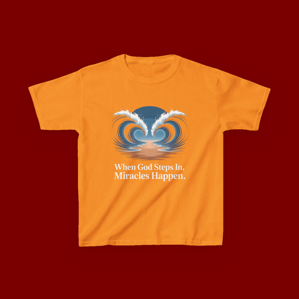 Kids Tee — “When God Steps In, Miracles Happen” Wave Heart Faith Shirt