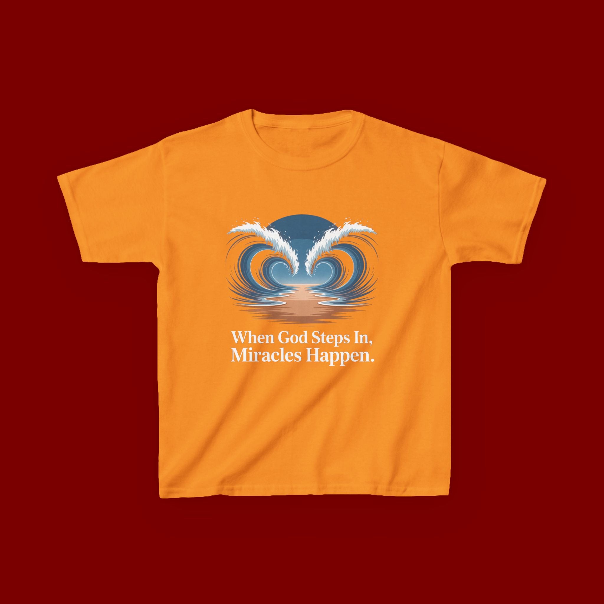 Kids Tee — “When God Steps In, Miracles Happen” Wave Heart Faith Shirt