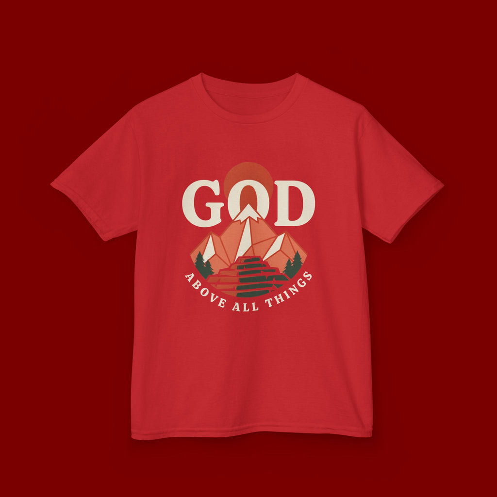 Kids Tee – 'GOD' Mountain Sunrise Faith Graphic