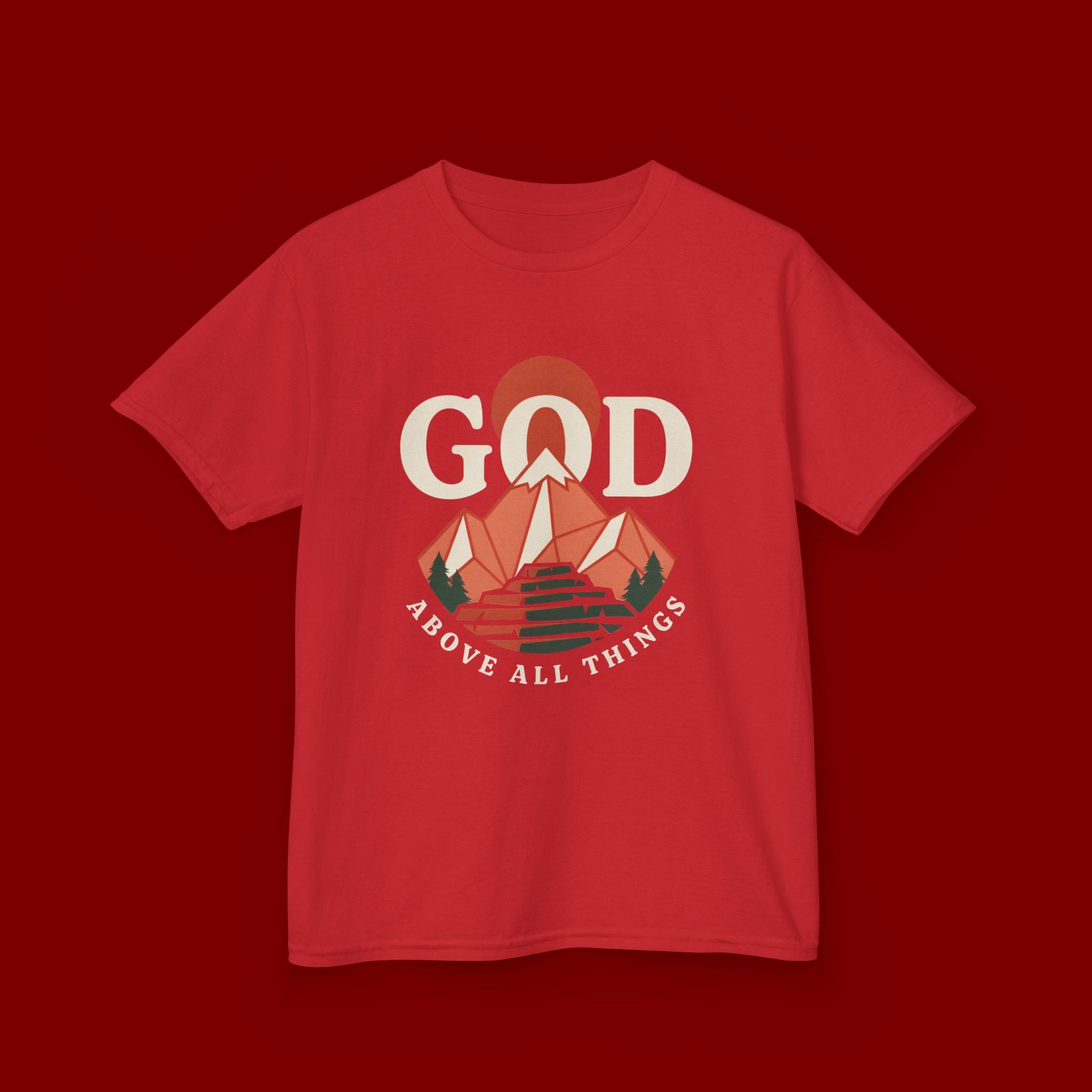 Kids Tee – 'GOD' Mountain Sunrise Faith Graphic