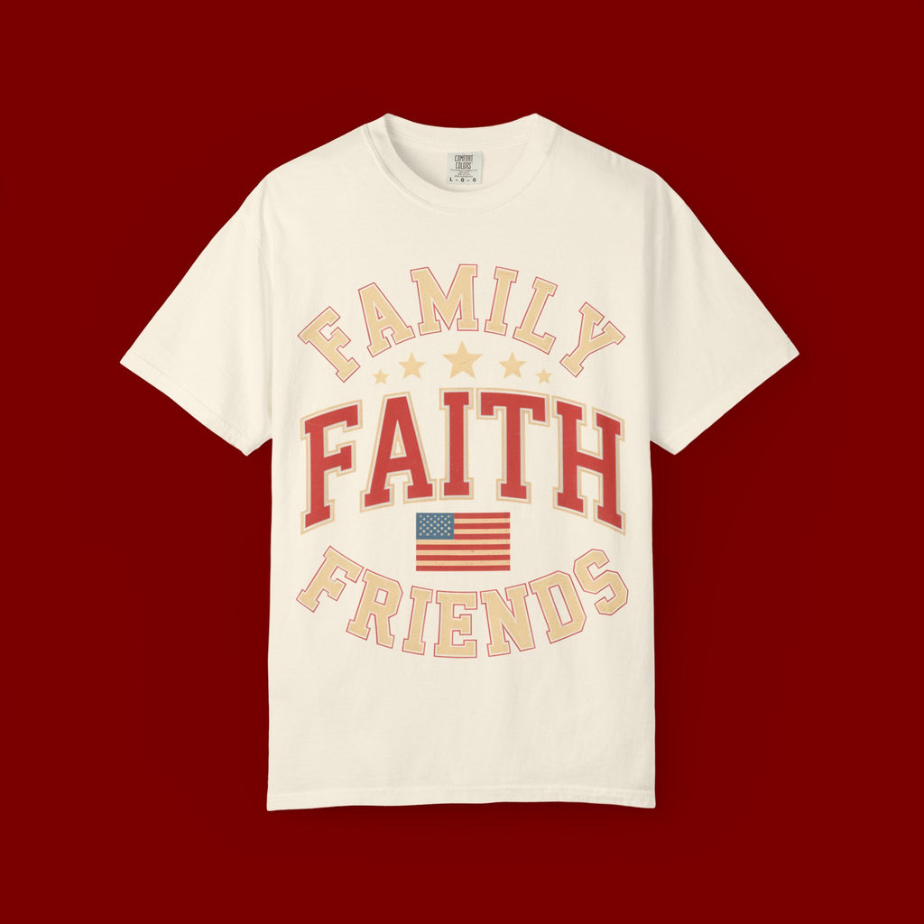 Family Faith Friends T-Shirt — Patriotic American Flag Tee