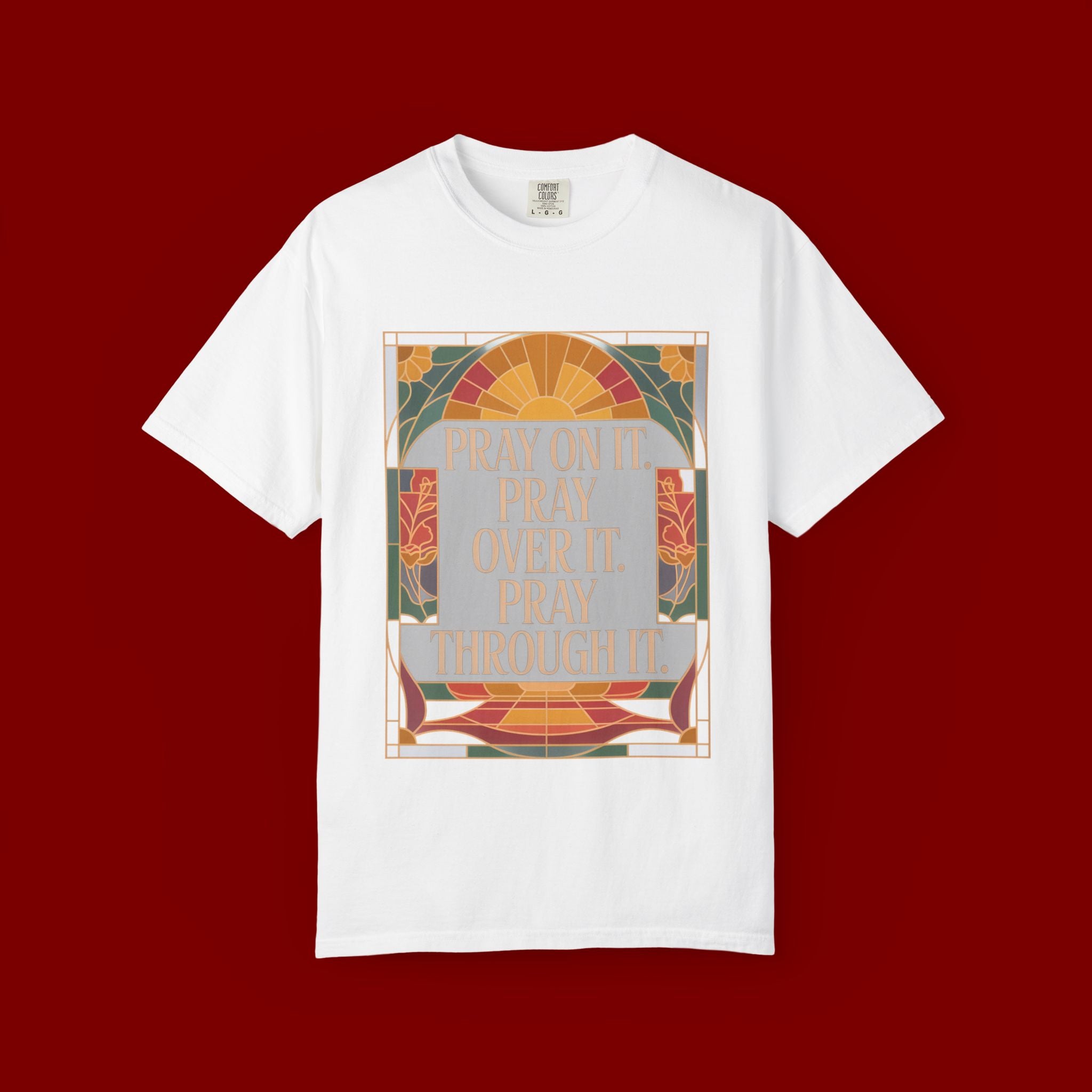 T-Shirt — Retro Sunset Floral Graphic “Play On It, Pray Over It, Pray Through It”