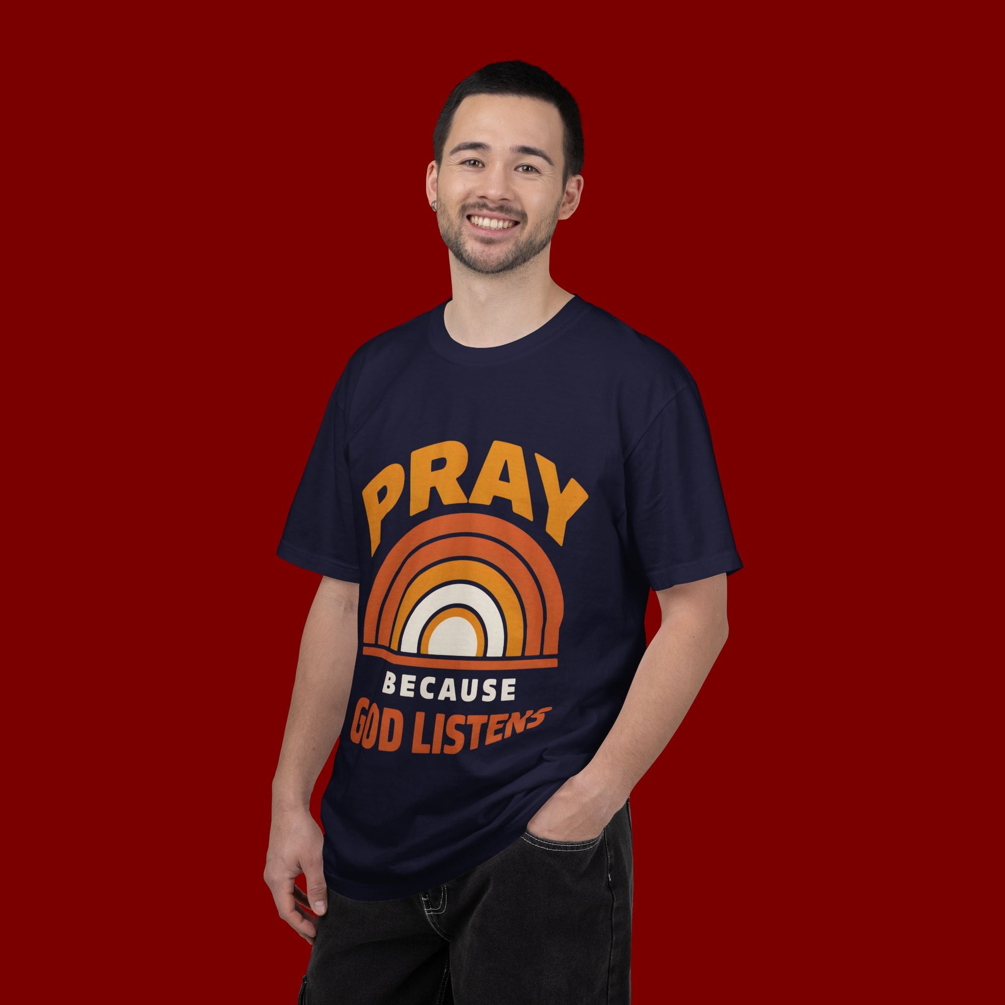 Pray Because God Listens T-Shirt — Retro Rainbow Christian Tee