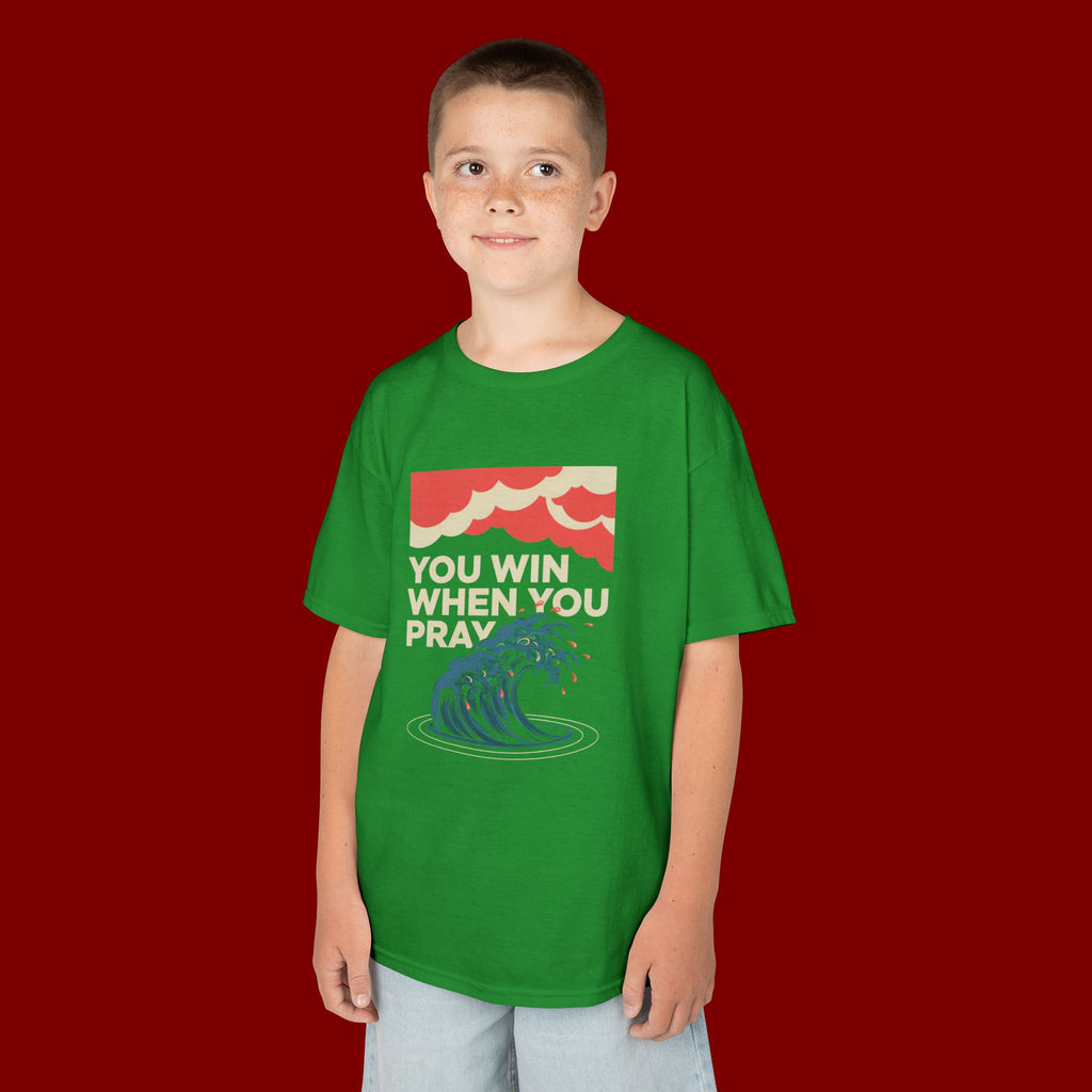 Kids Tee – “You Win When You Pray” Retro Wave Ocean Graphic