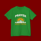 Kids Tee — "Prayer: The Most Powerful Weapon of a Believer" Mountain Sun Graphic
