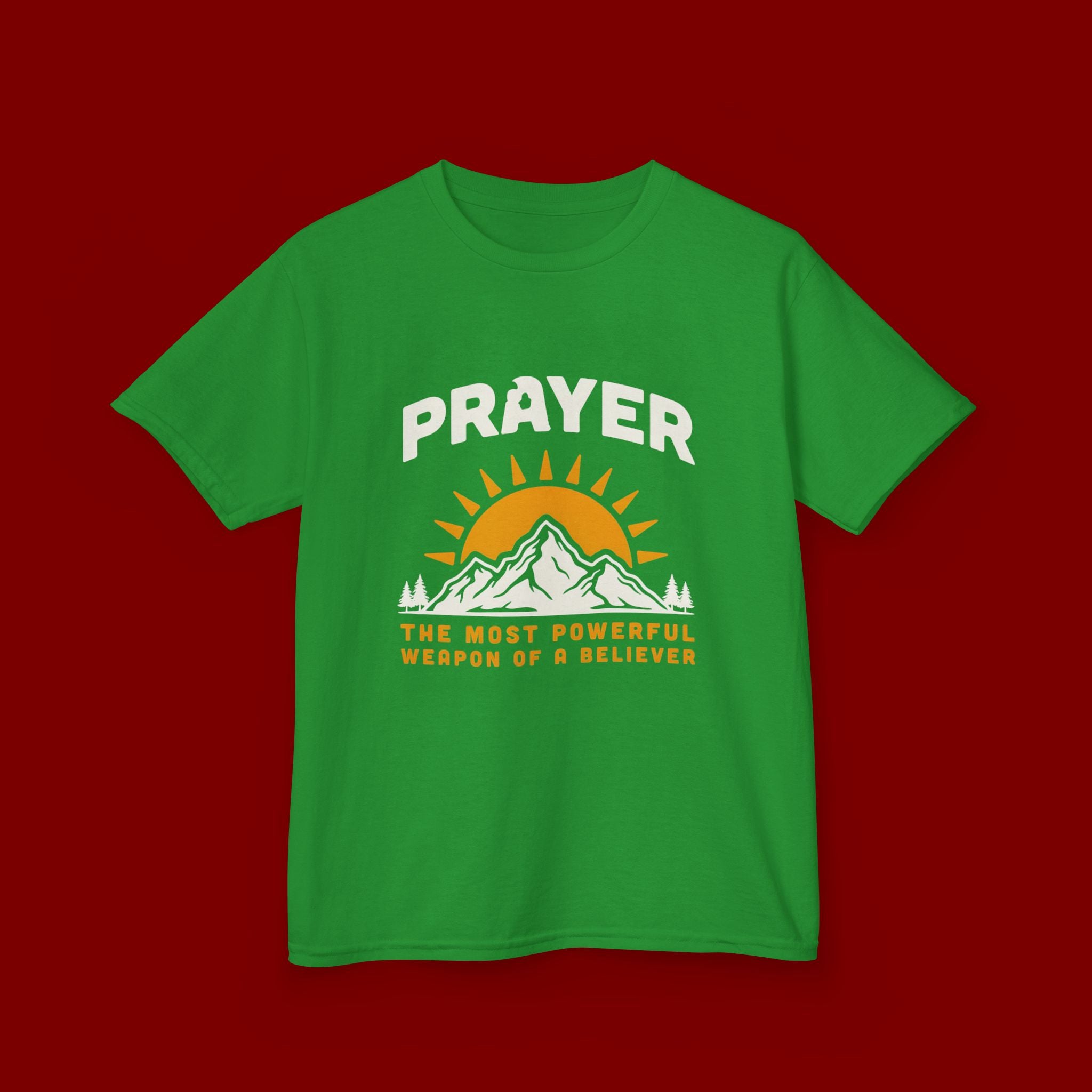 Kids Tee — "Prayer: The Most Powerful Weapon of a Believer" Mountain Sun Graphic