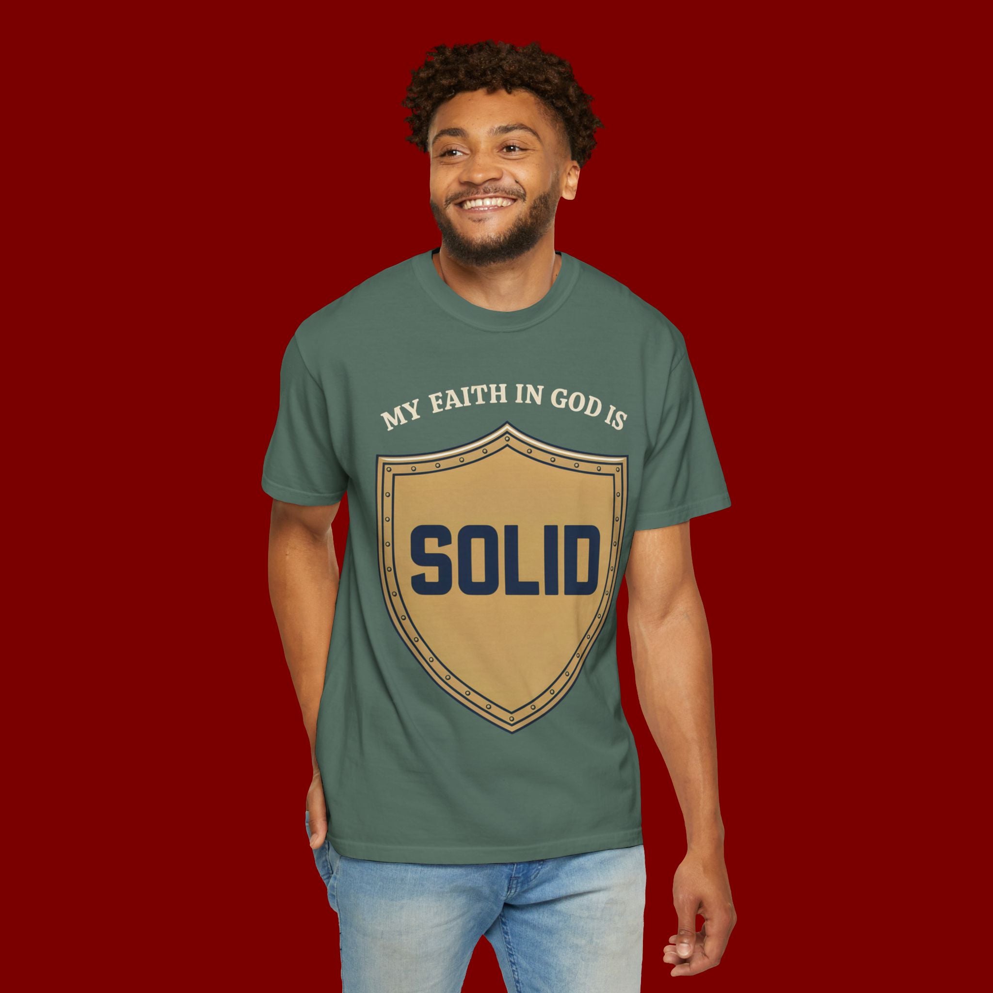 Solid Faith Shield T-Shirt — "My Faith in God Is Solid" Christian Tee