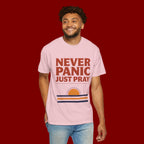 Never Panic Just Pray T‑Shirt — Retro Sunset Faith Tee