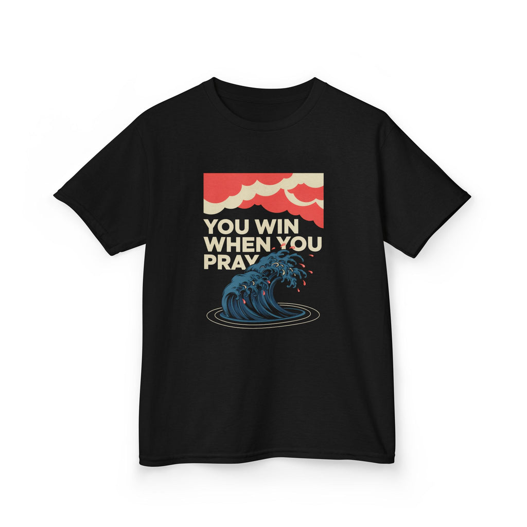 Kids Tee – “You Win When You Pray” Retro Wave Ocean Graphic