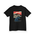 Kids Tee – “You Win When You Pray” Retro Wave Ocean Graphic