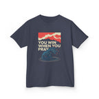 Kids Tee – “You Win When You Pray” Retro Wave Ocean Graphic