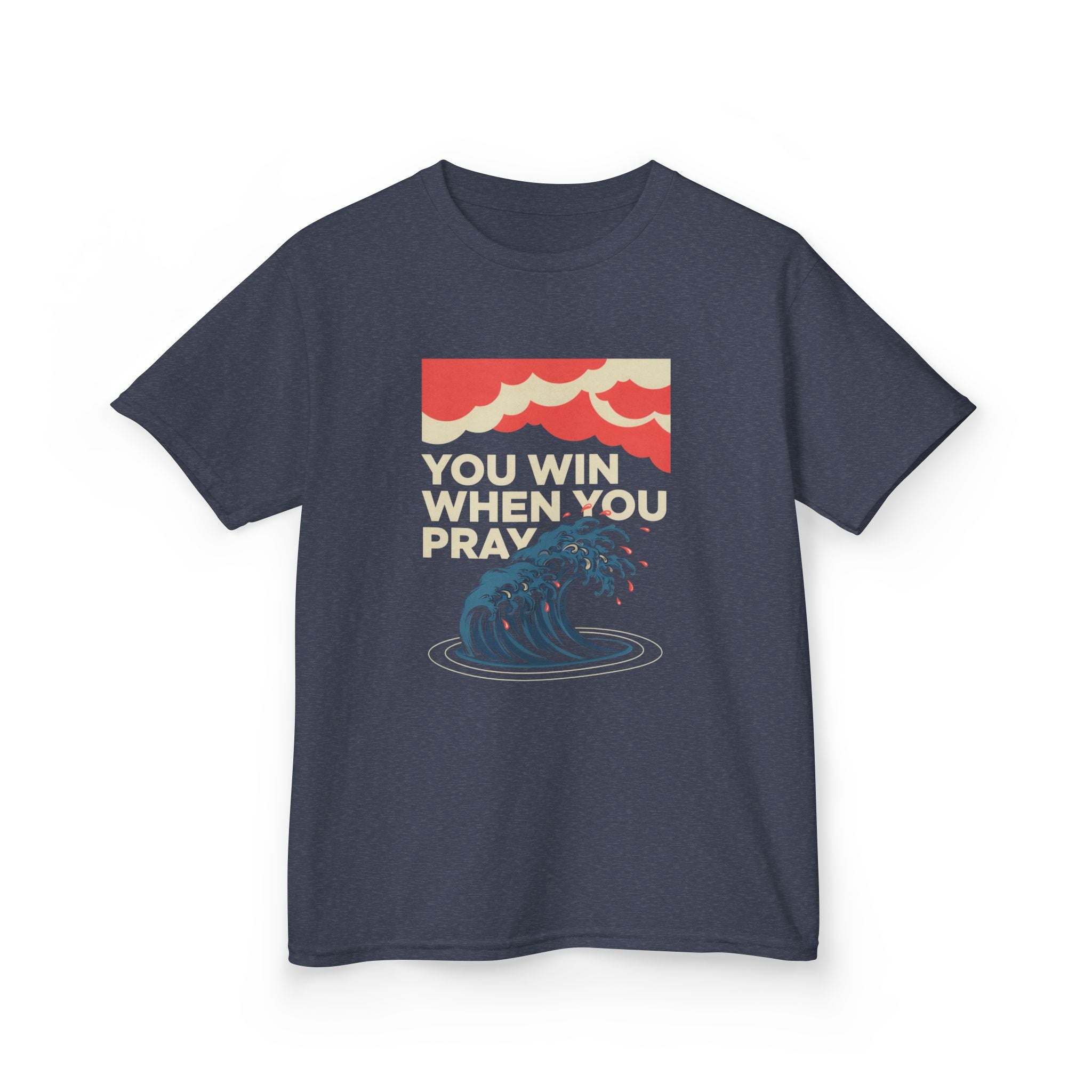 Kids Tee – “You Win When You Pray” Retro Wave Ocean Graphic