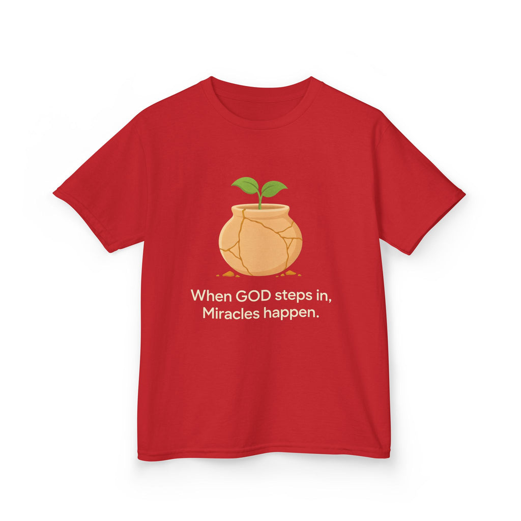 Kids Tee — "When GOD steps in, Miracles happen." Inspirational Christian T‑Shirt with Sprout Pot Design