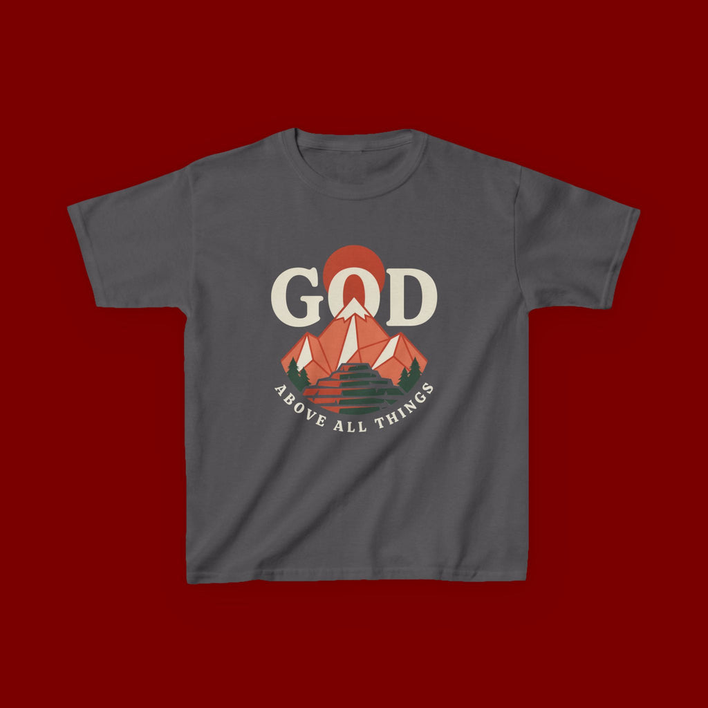 Kids Tee – 'GOD' Mountain Sunrise Faith Graphic