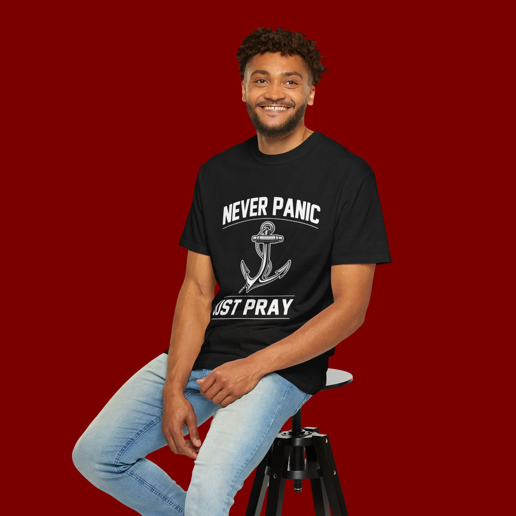 T-Shirt — "Never Panic Just Pray" Anchor Christian Faith Tee