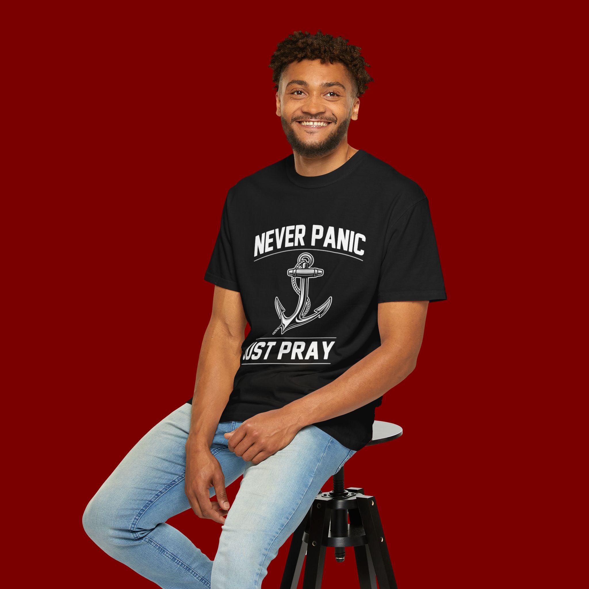 T-Shirt — "Never Panic Just Pray" Anchor Christian Faith Tee