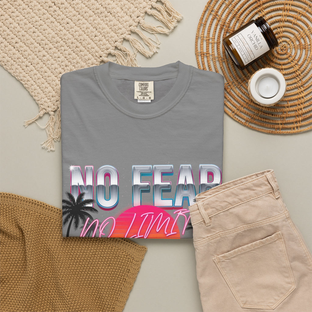 No Fear, No Excuses T-Shirt — Retro Sunset Palm Graphic Tee