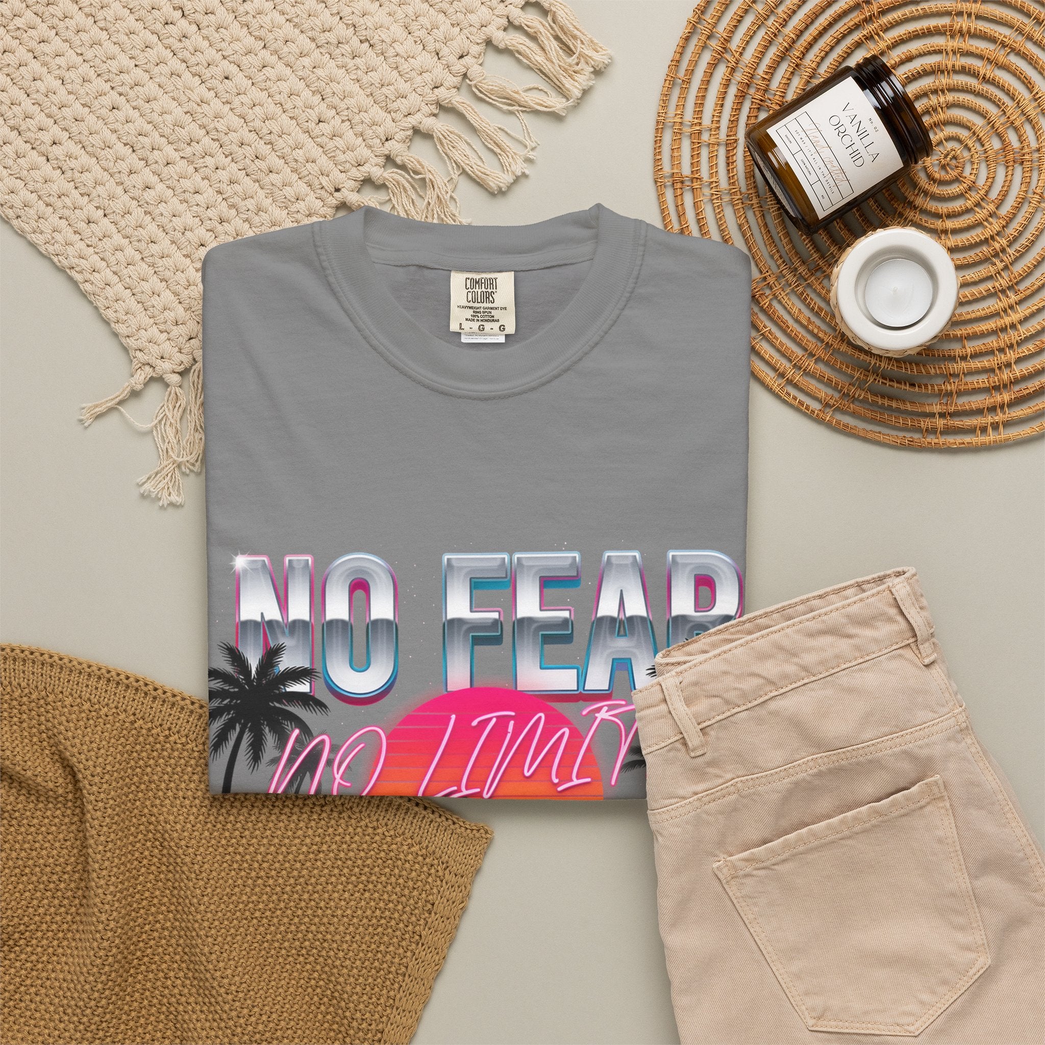 No Fear, No Excuses T-Shirt — Retro Sunset Palm Graphic Tee