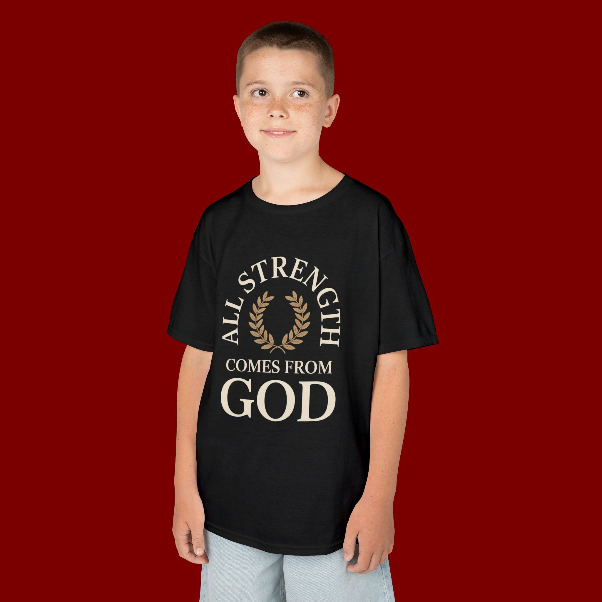 Kids T-Shirt – "All Strength Comes From God" Faith Tee for Boys & Girls