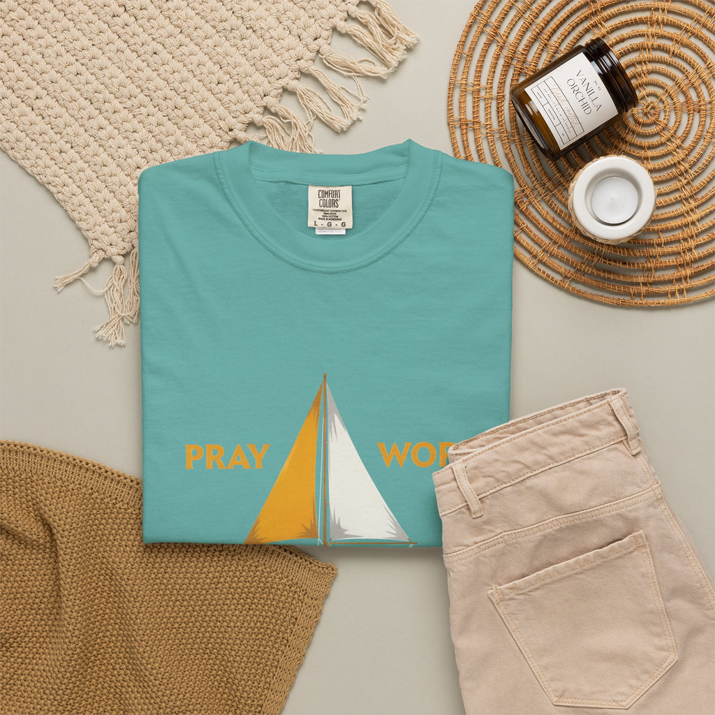 Trust God Sailboat T-Shirt — Pray Work Inspirational Christian Tee
