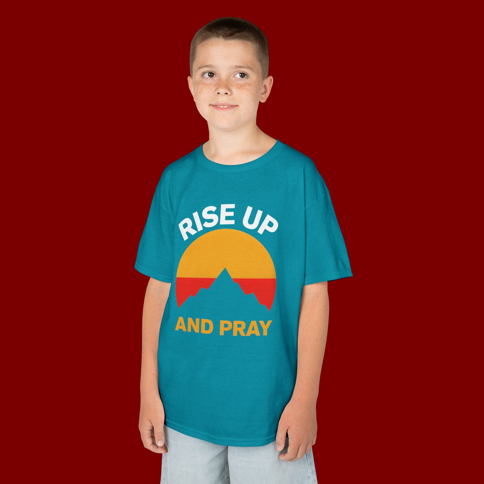 Kids Tee — "Rise Up and Pray" Mountain Sunrise Faith T‑Shirt