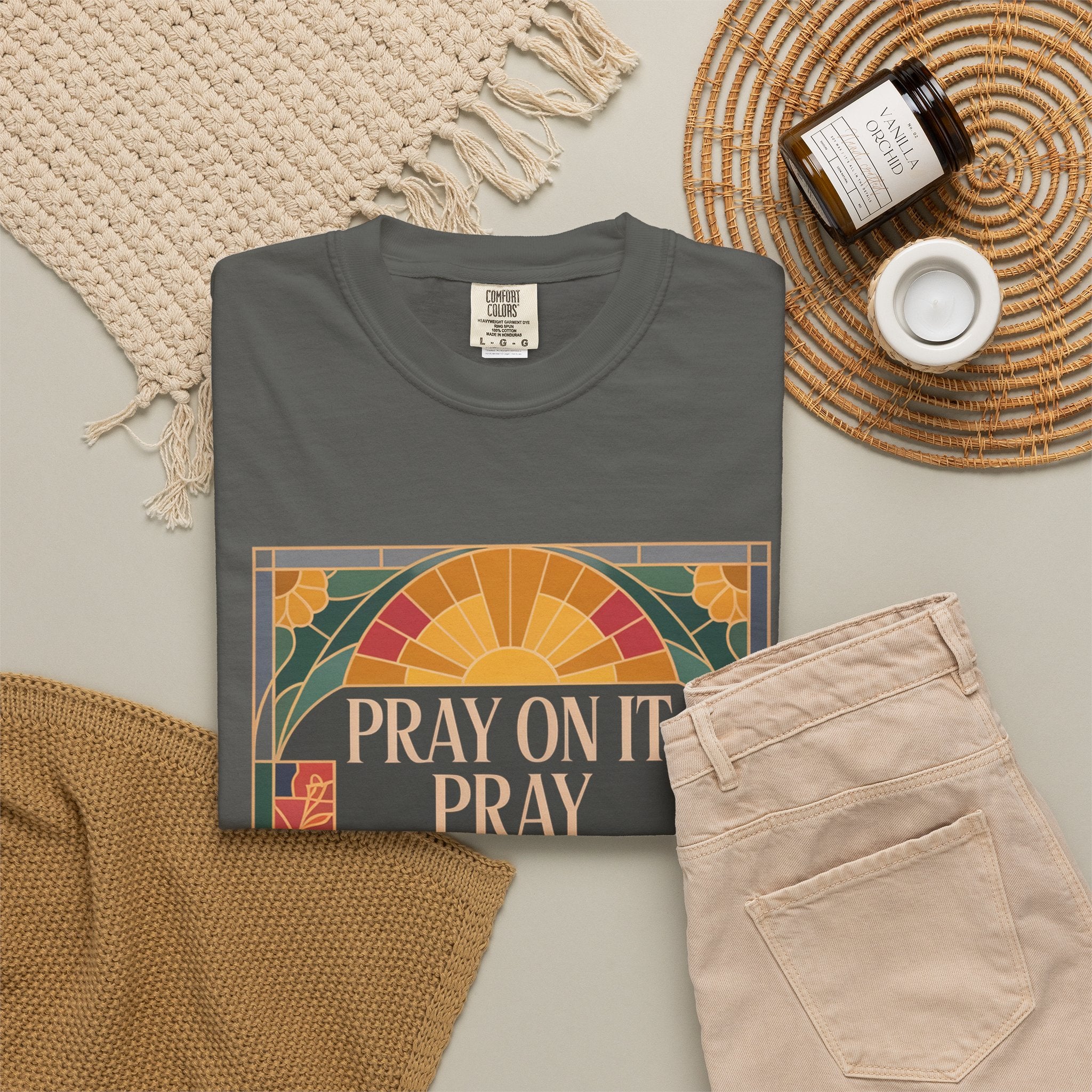 T-Shirt — Retro Sunset Floral Graphic “Play On It, Pray Over It, Pray Through It”