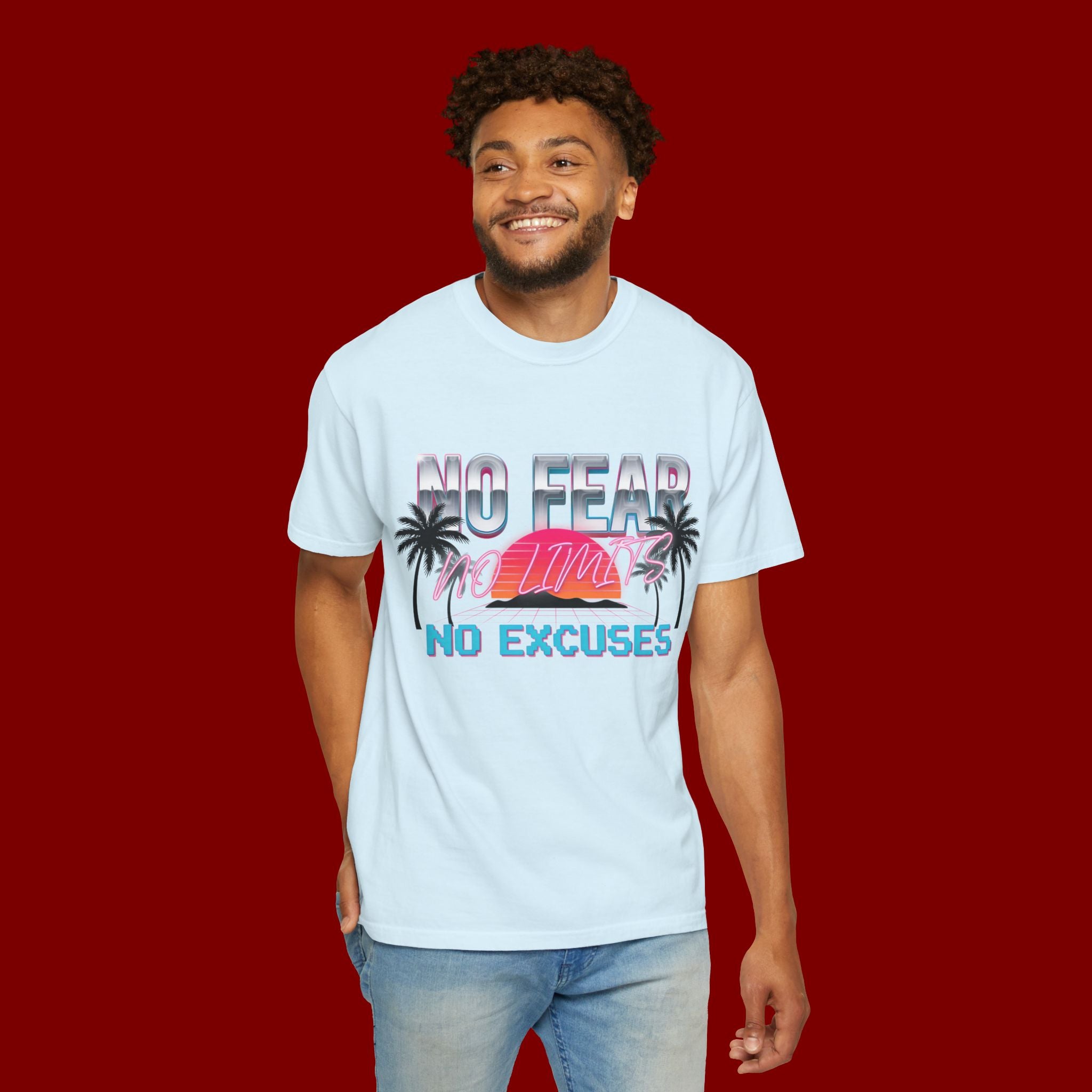 No Fear, No Excuses T-Shirt — Retro Sunset Palm Graphic Tee