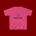 Kids T-Shirt — "Pray Because God Listens" Christian Faith Tee with Dove Graphic