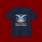 Kids Tee — “When God Steps In, Miracles Happen” Wave Heart Faith Shirt