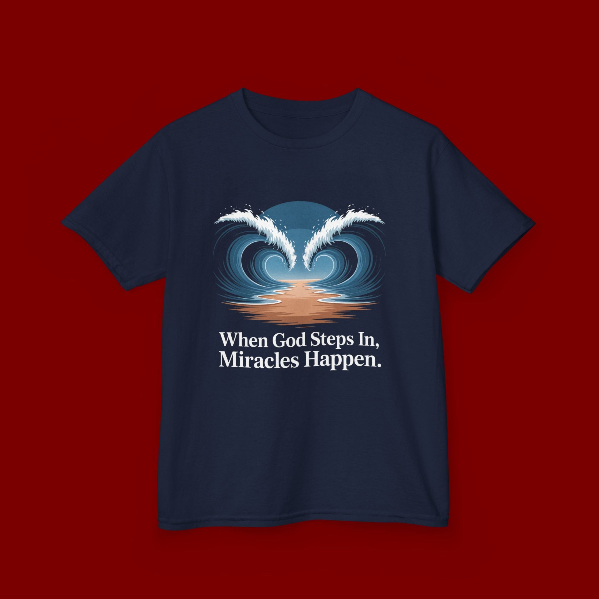 Kids Tee — “When God Steps In, Miracles Happen” Wave Heart Faith Shirt