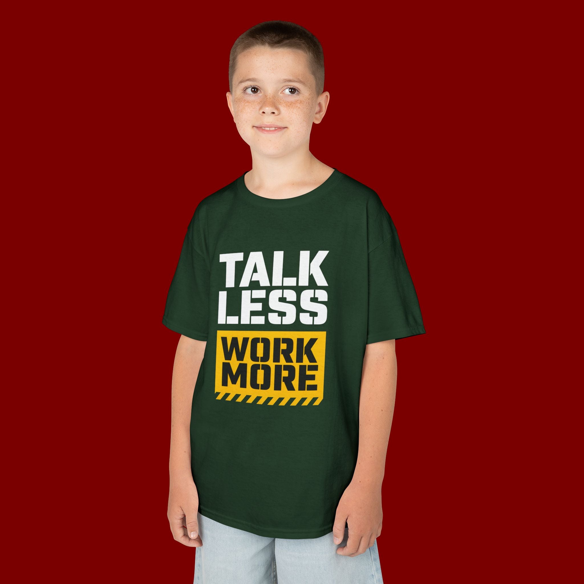 Kids T-Shirt — "Talk Less Work More" Bold Motivational Tee