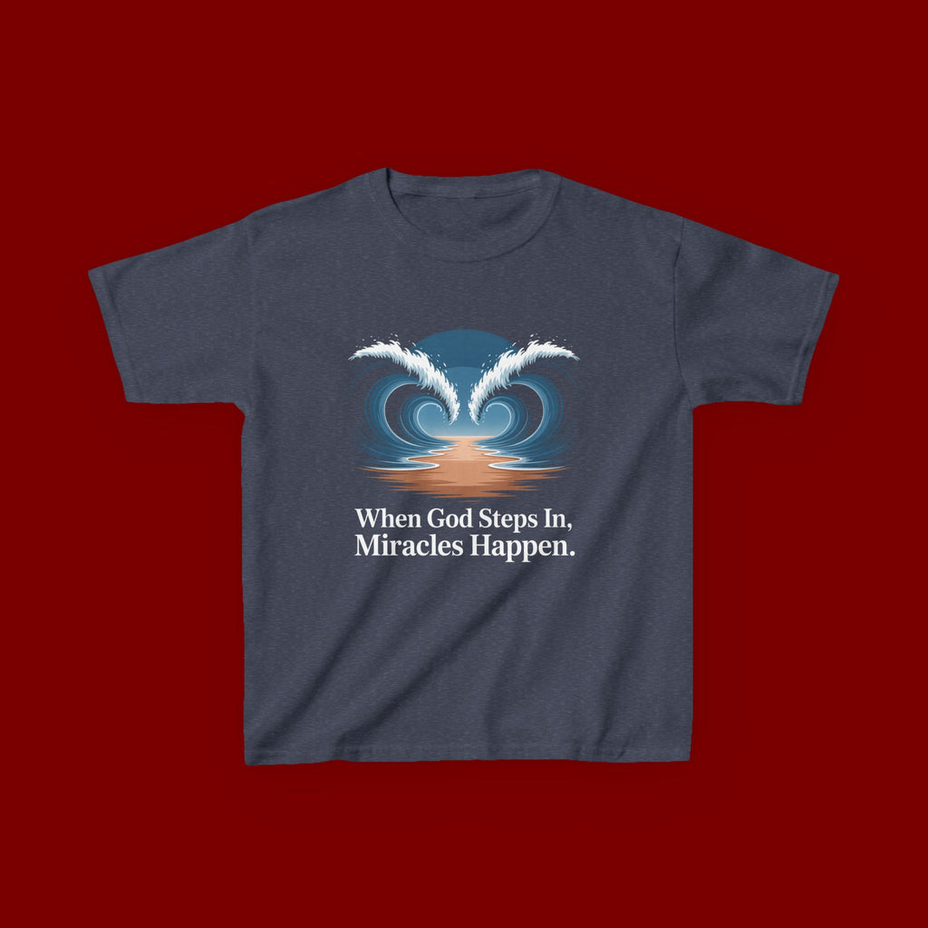 Kids Tee — “When God Steps In, Miracles Happen” Wave Heart Faith Shirt