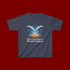 Kids Tee — “When God Steps In, Miracles Happen” Wave Heart Faith Shirt