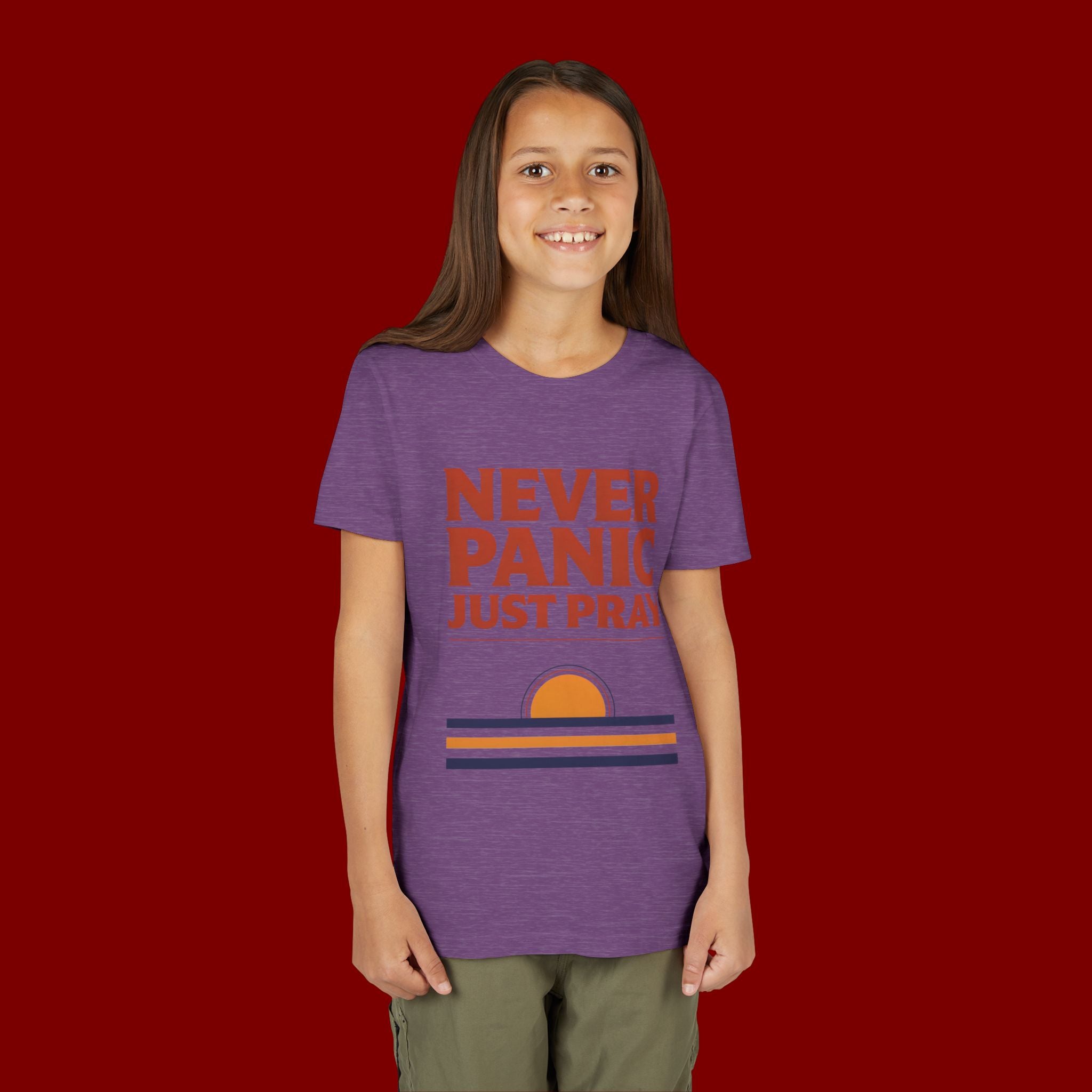 Youth Tee — "Never Panic Just Pray" Retro Sunset Kids T-Shirt