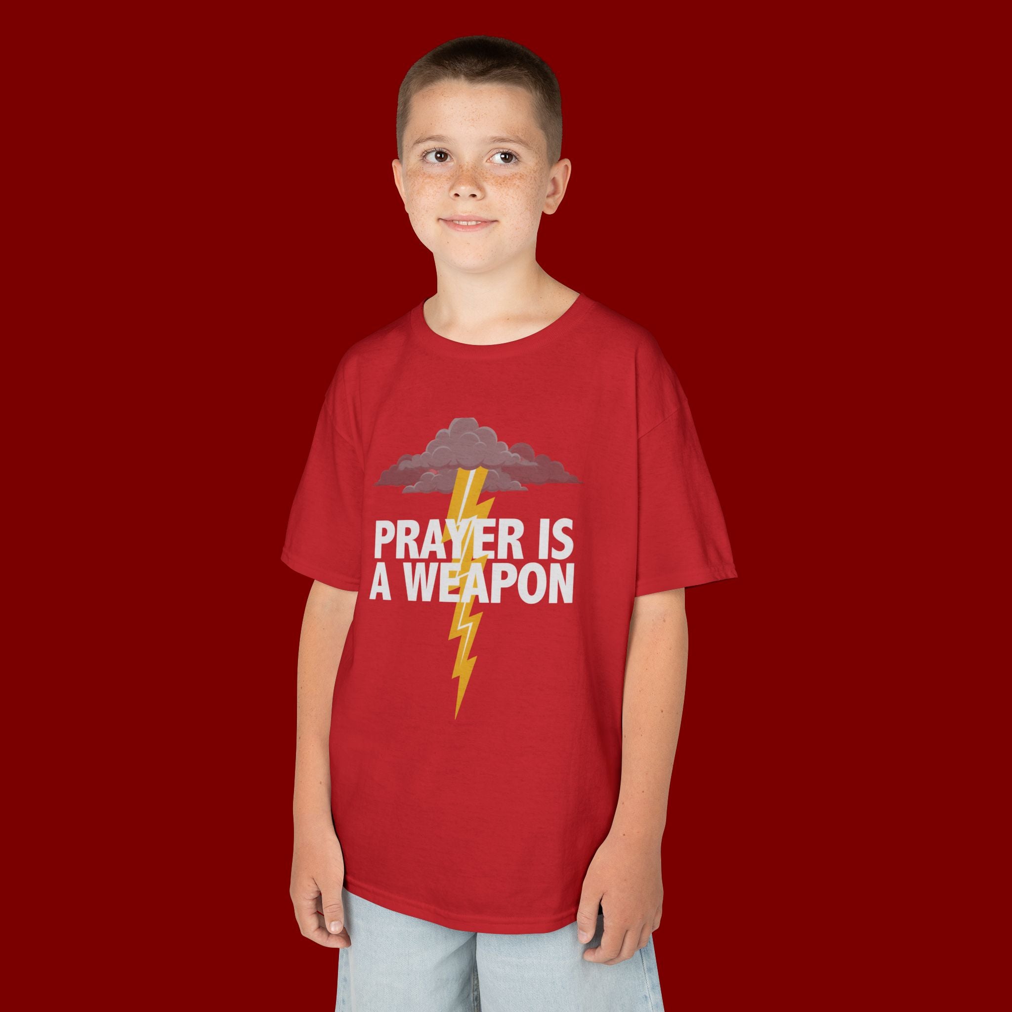 Kids Tee — "Prayer Is A Weapon" Lightning Graphic Christian Shirt