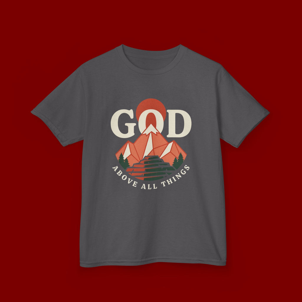 Kids Tee – 'GOD' Mountain Sunrise Faith Graphic