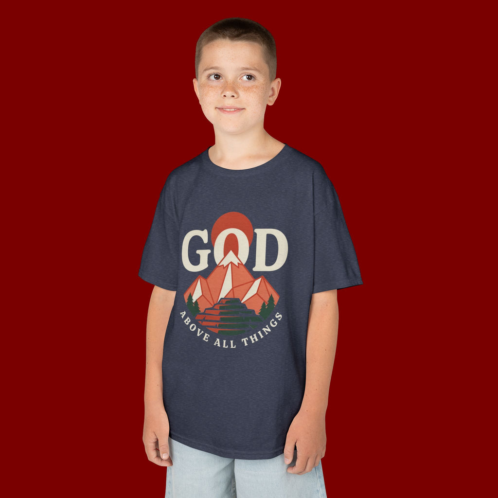 Kids Tee – 'GOD' Mountain Sunrise Faith Graphic