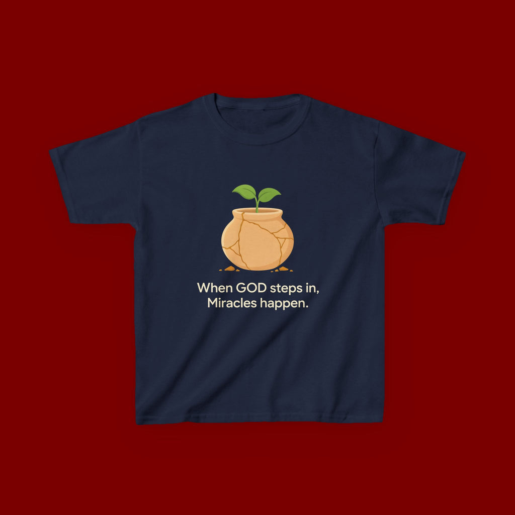 Kids Tee — "When GOD steps in, Miracles happen." Inspirational Christian T‑Shirt with Sprout Pot Design
