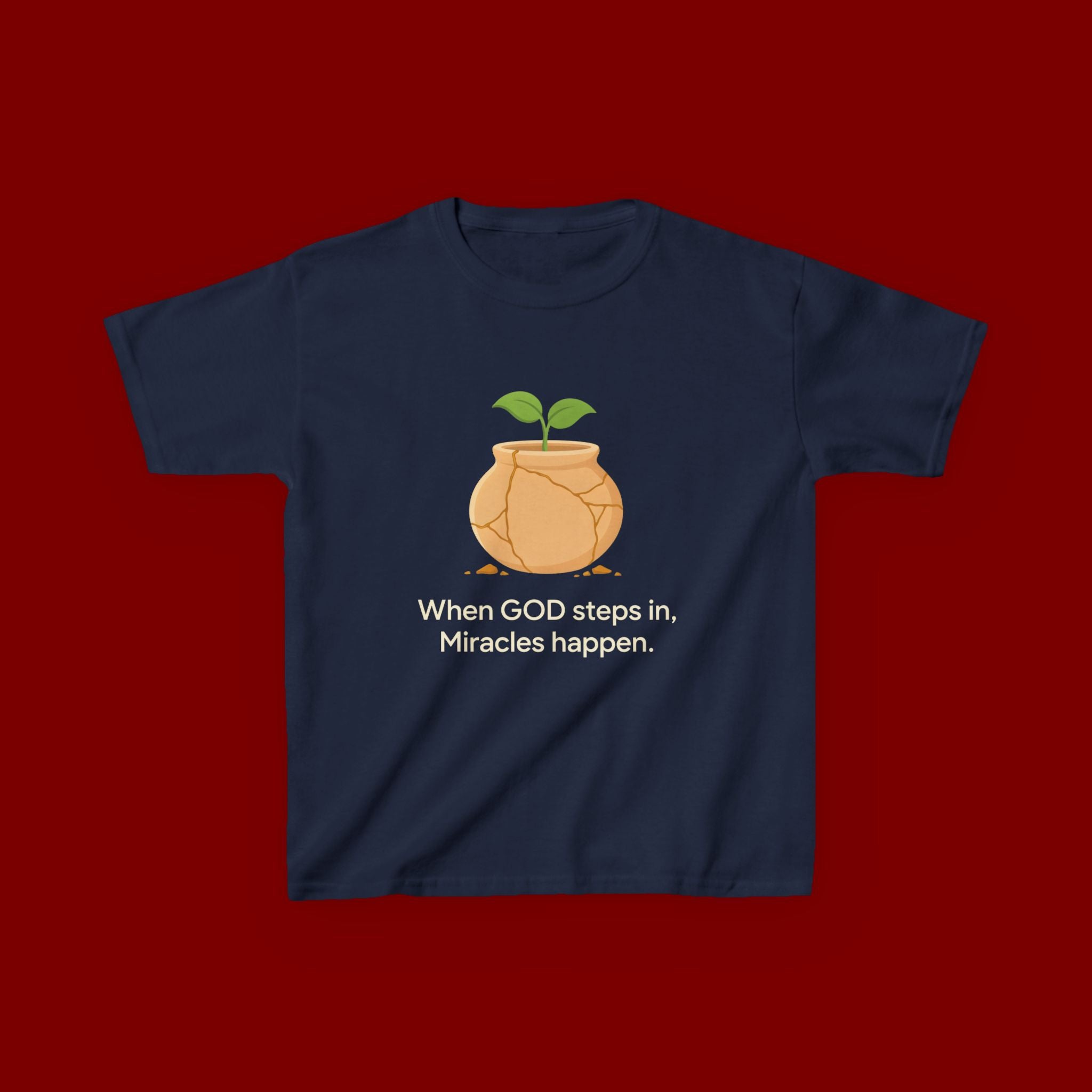 Kids Tee — "When GOD steps in, Miracles happen." Inspirational Christian T‑Shirt with Sprout Pot Design