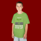 Kids Tee – "Pray & Never Give Up" Inspirational Plant Graphic