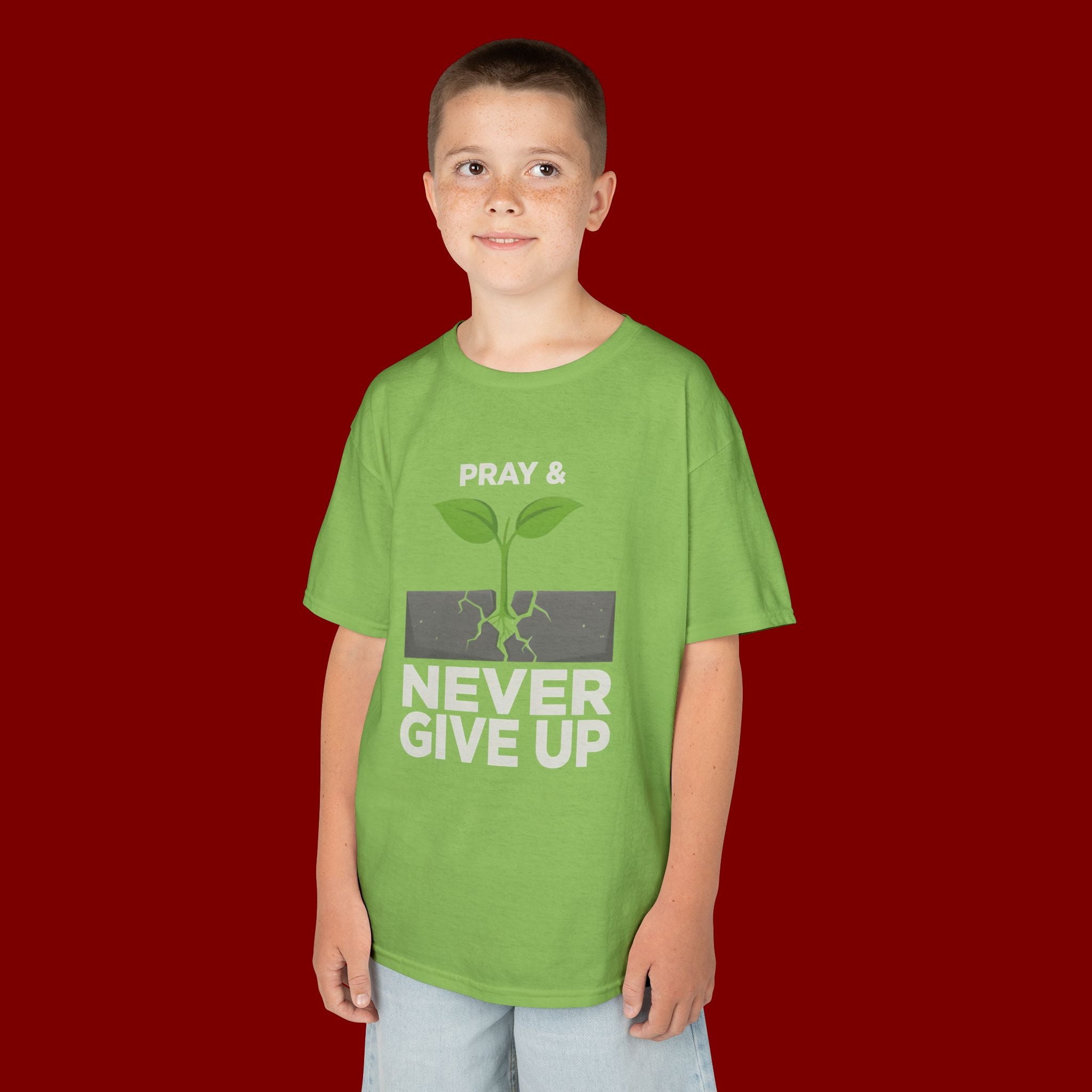 Kids Tee – "Pray & Never Give Up" Inspirational Plant Graphic